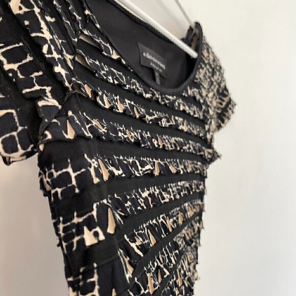 CONNECTED APPAREL Black Beige Giraffe Leopard Animal Tiered Ruffle Sheath Dress - Picture 5 of 10